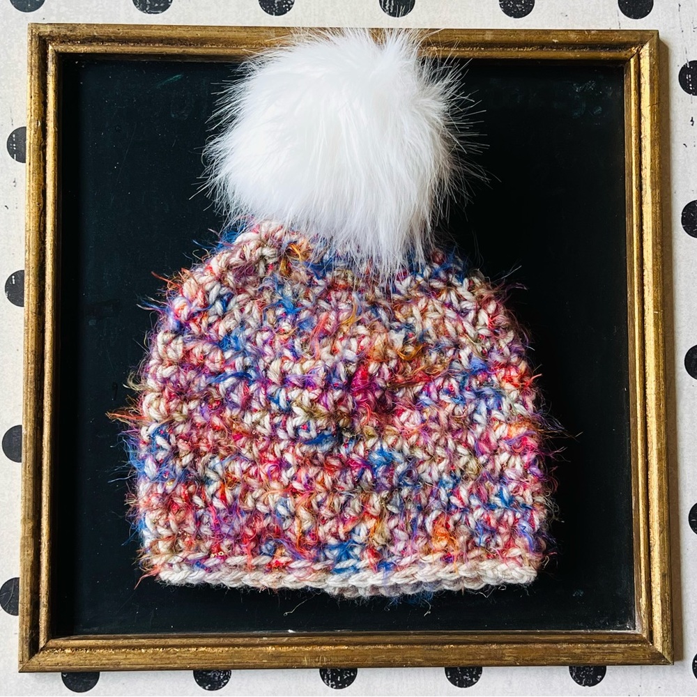 Hand-Crocheted Winter Beanie Hat with White Faux Fur Pom